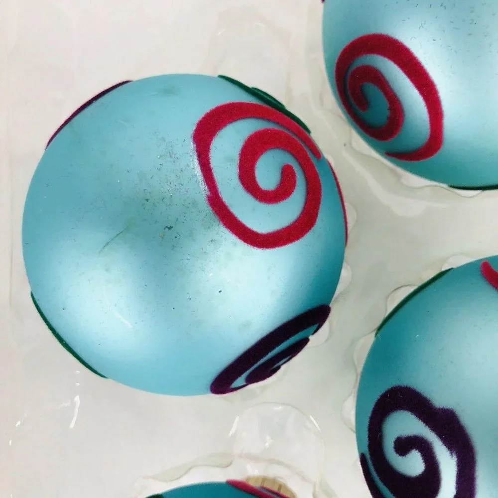 Christmas By Krebs‎ Glass Ornaments Turquoise Blue With Flock Design 4 In Box